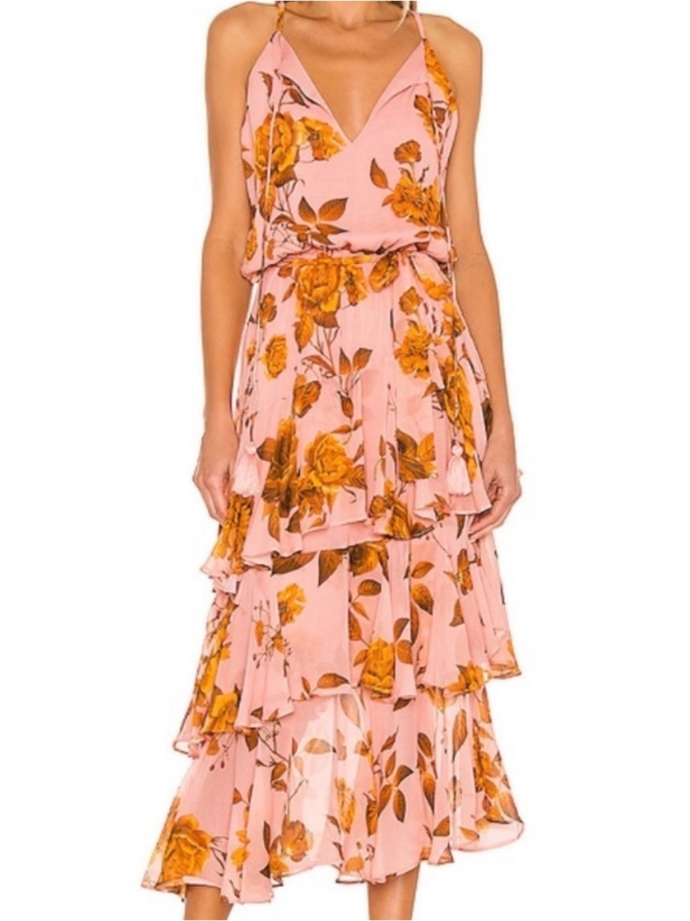 Karina Grimaldi Pink Floral Tiered Midi Dress with Golden Rose Print Size M